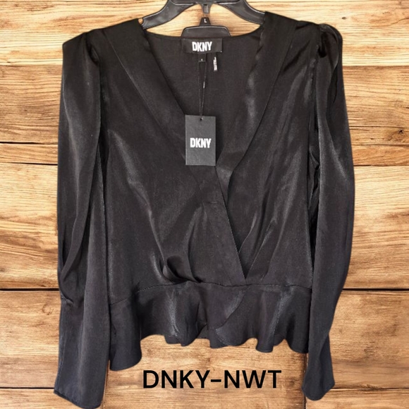 DKNY Black Satin Peplum Blouse - Picture 2 of 12